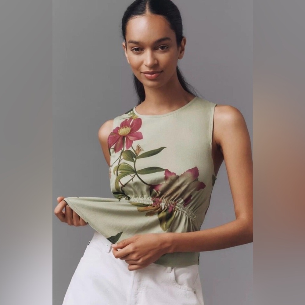 Anthropologie Floral Print Cotton Sleeveless Top - Sage Green with ruched front